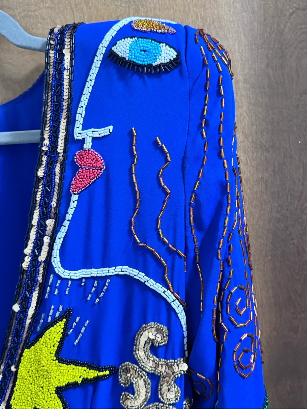 Vintage Ornate Pop Art Embellished Royal Blue Dress w/Beaded Appliqués - Picture 4 of 16